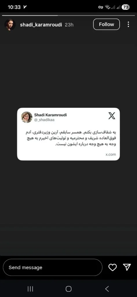 جدایی شادی کرم‌رودی از آرین وزیردفتری