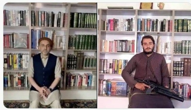 یادگاری عضو طالبان با اسلحه در کتابخانه امرالله صالح در پنجشیر+عکس