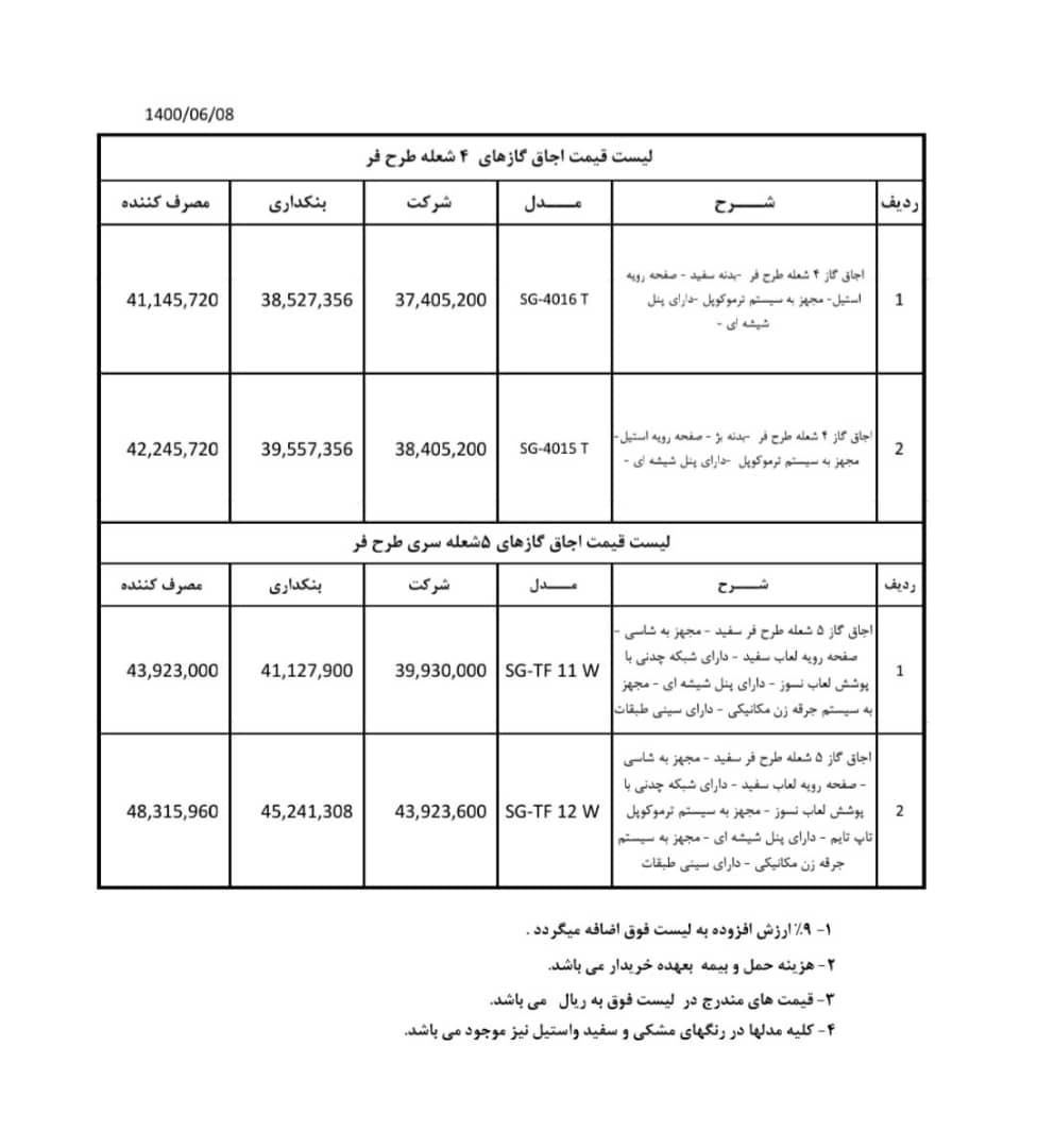 لیست جدید قیمت لوازم خانگی 