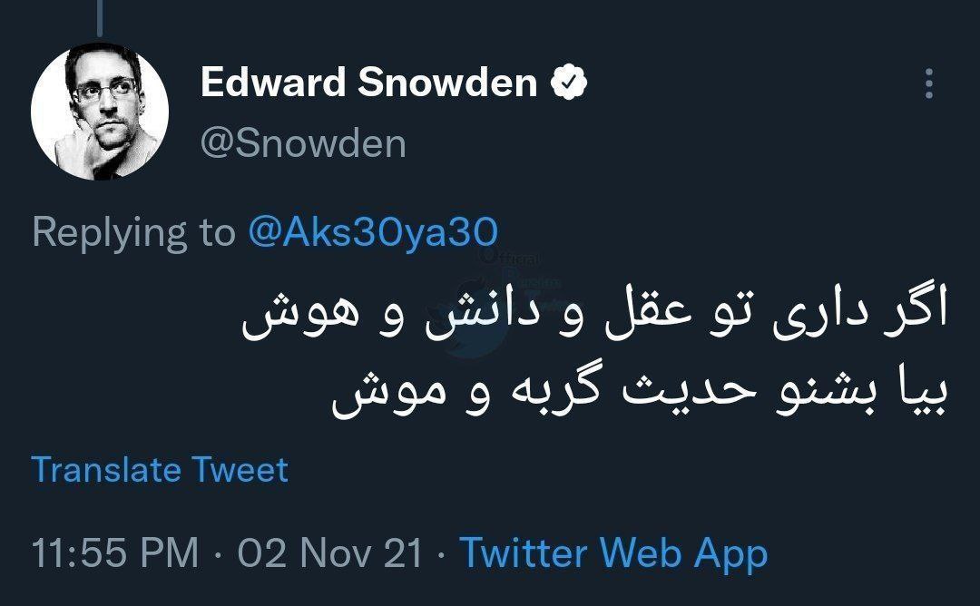 سومین توییت ادوارد اسنودن به زبان فارسی/ اگر تو داری عقل و دانش و هوش، بیا بشنو حدیث گربه و موش!