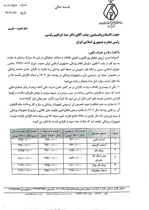 نامه هشدار رئیس سازمان نظام پزشکی به رئیسی + تصویر نامه