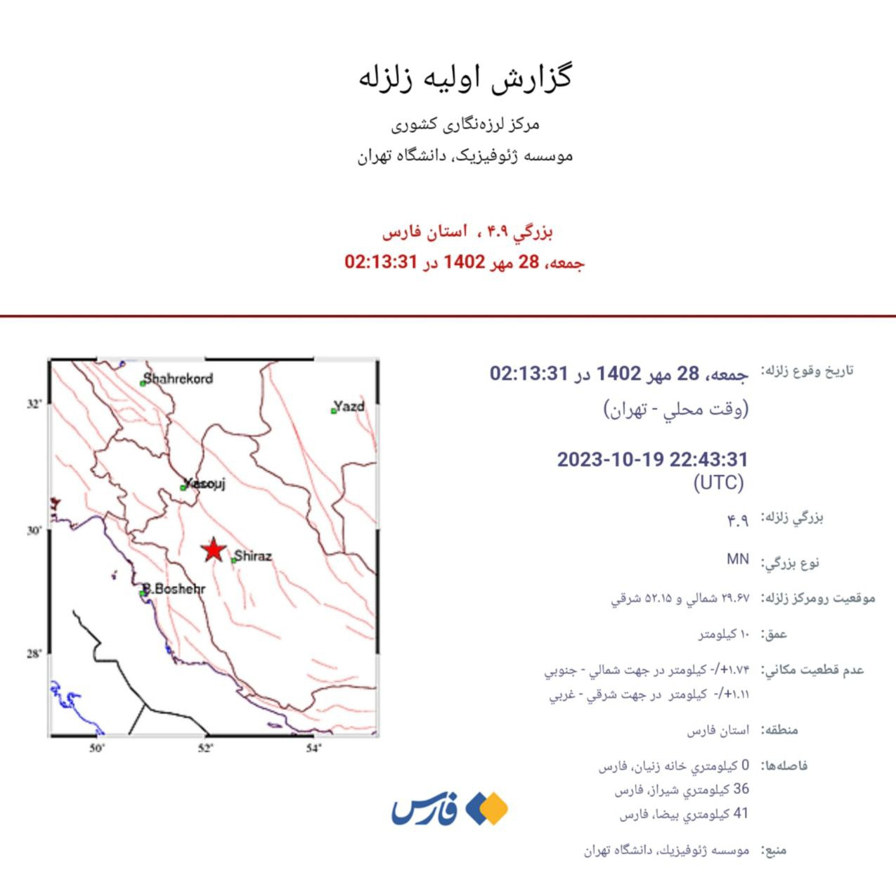 زلزله ۴.۹ ریشتری شیراز را لرزاند