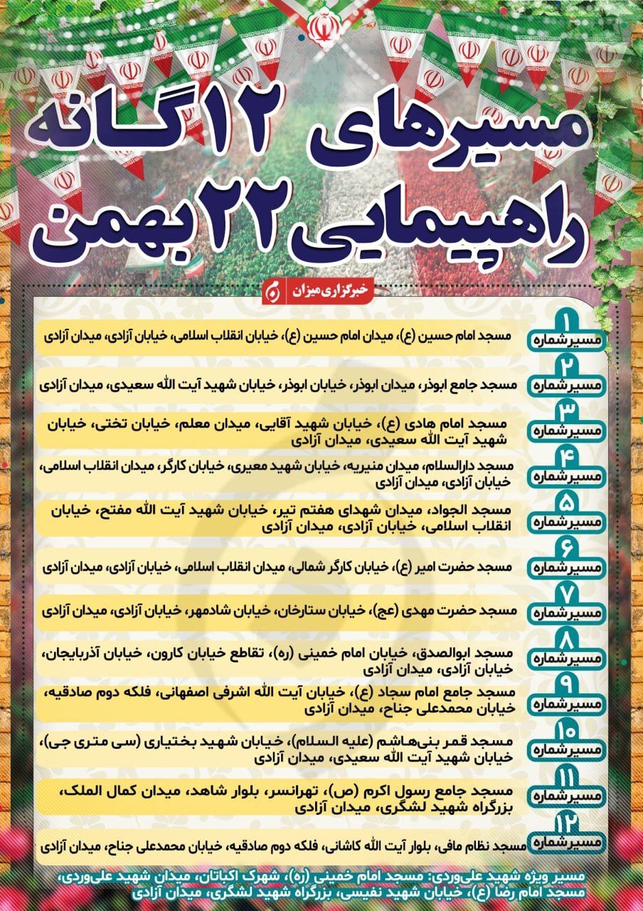 مسیر‌های ۱۲گانه راهپیمایی ۲۲ بهمن