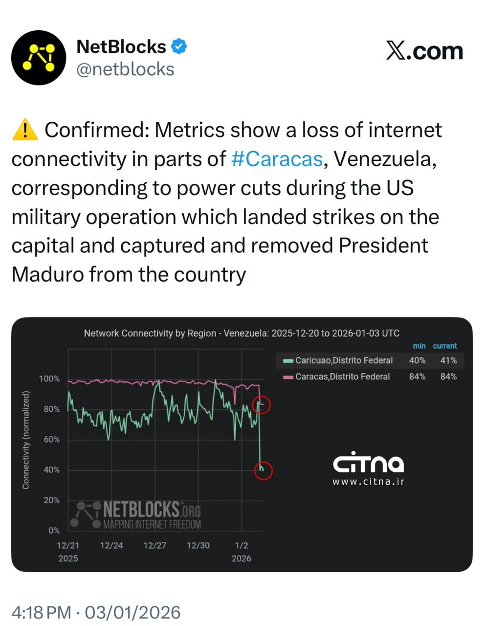 اختلال گسترده اینترنت در کاراکاس