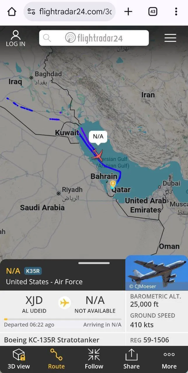 ورود هواپیمای سوخت‌رسان آمریکا به حریم ایران خبرساز شد