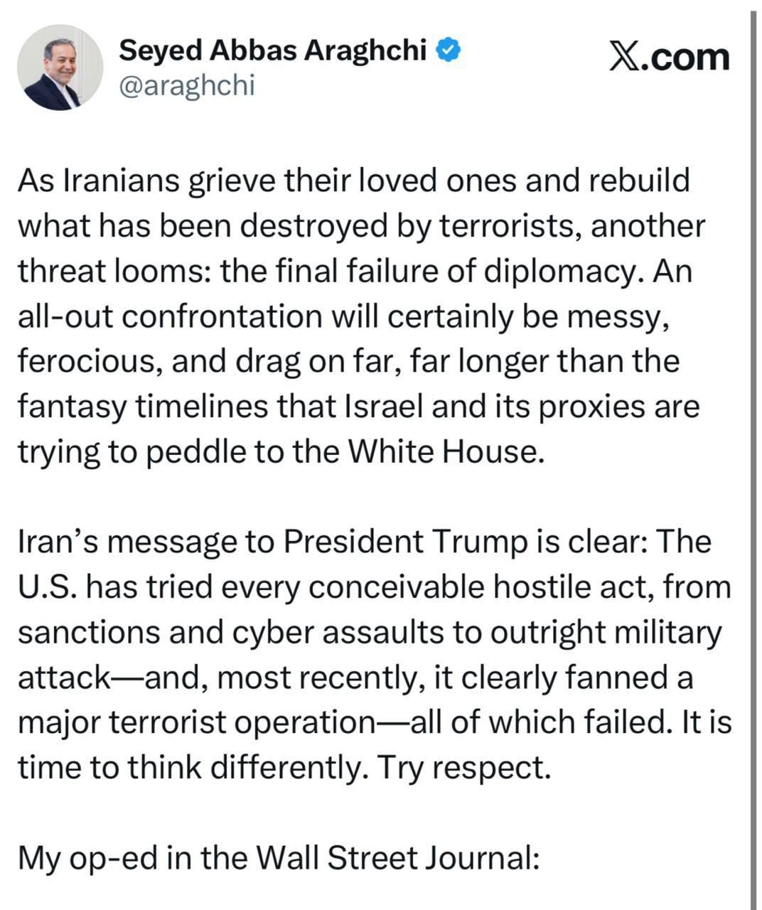 عباس عراقچی پیام خود را به ترامپ رساند