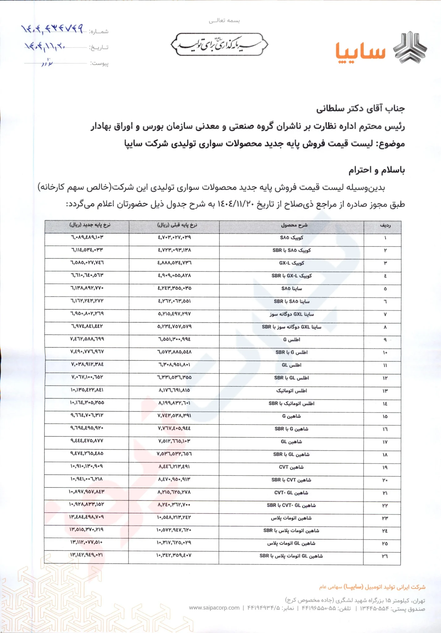 سایپا قیمت خودروهای خود را افزایش داد