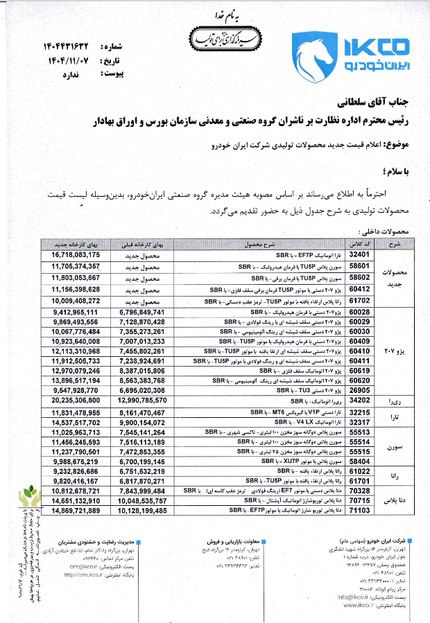 نرخ جدید محصولات «ایران خودرو» اعلام شد
