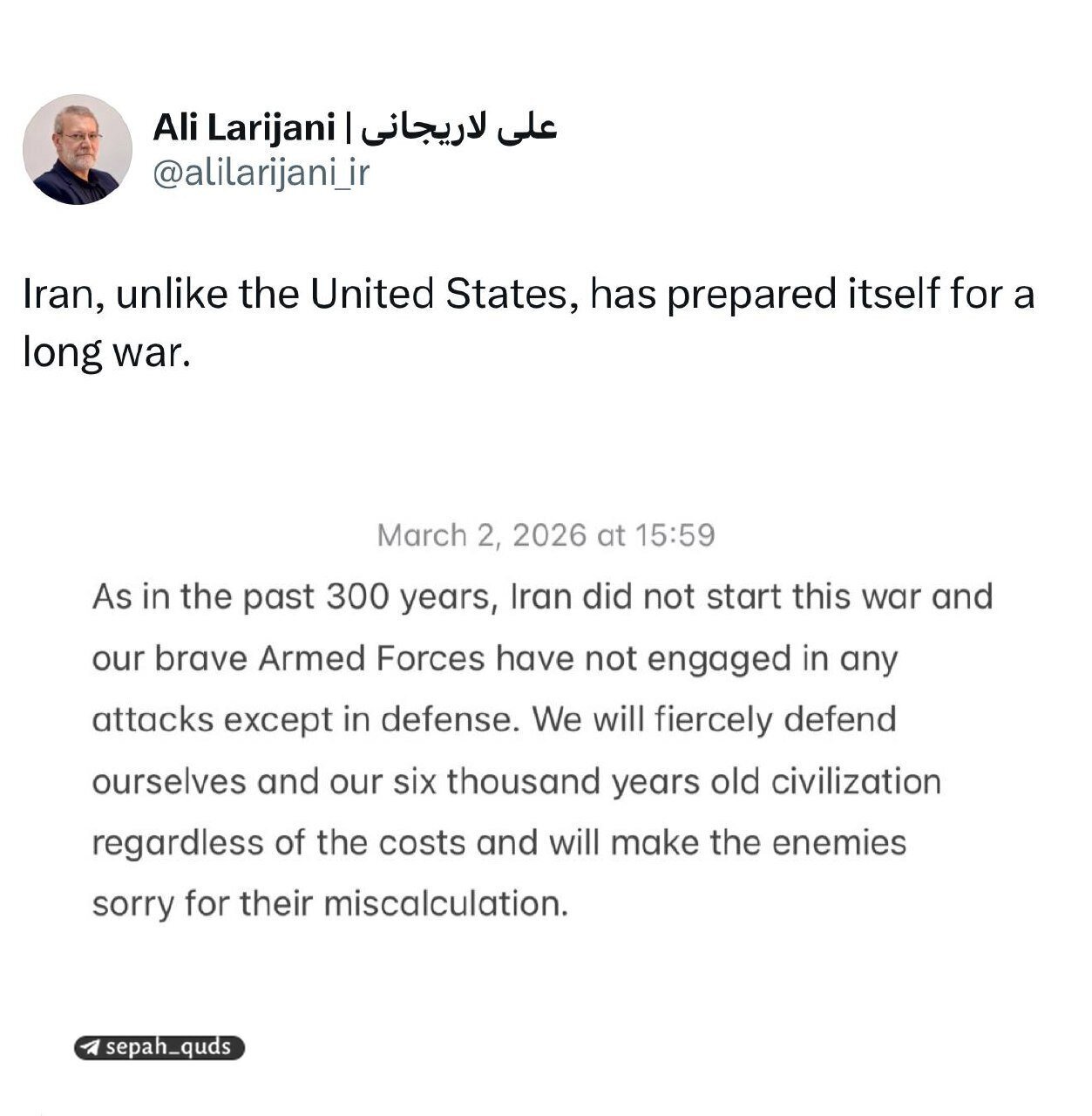 لاریجانی: ایران برای یک جنگ طولانی مدت آماده است