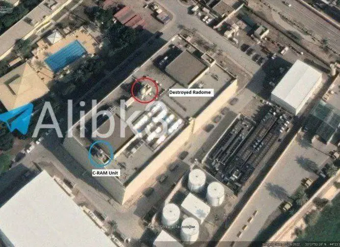 تصویر هوایی از محل استقرار آتش‌بار و رادار سامانه پدافندی سفارت آمریکا در بغداد که مورد هدف قرار گرفت