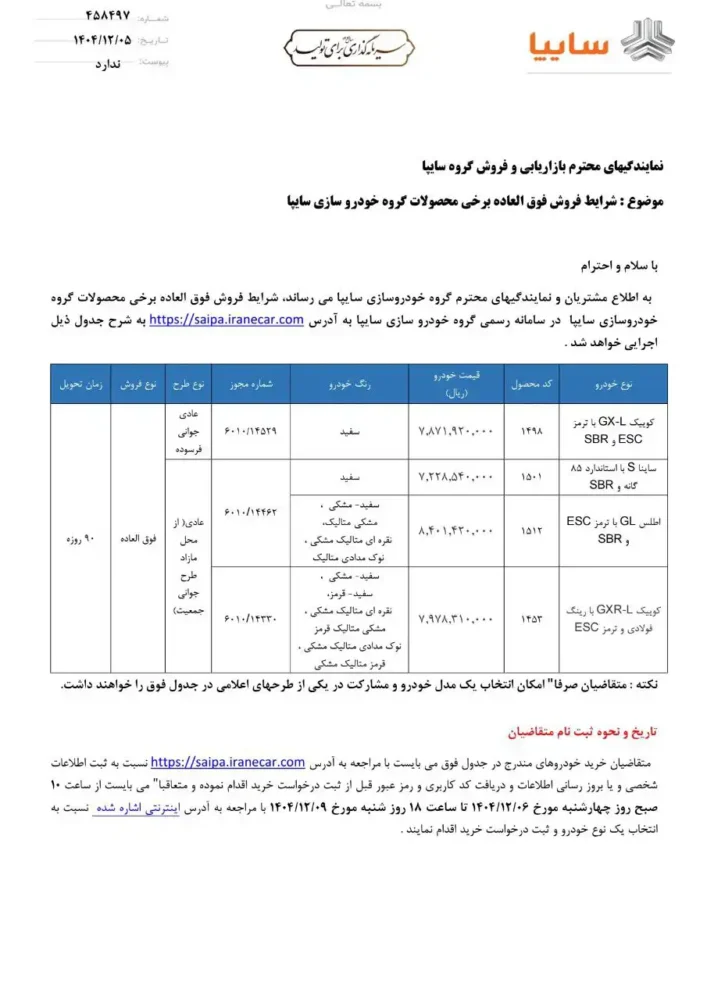 جدول فروش سایپا