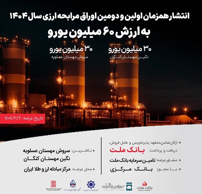 انتشار ۶۰ میلیون یورو اوراق مرابحه ارزی بانک ملت برای ۲ پروژه بزرگ پتروشیمی