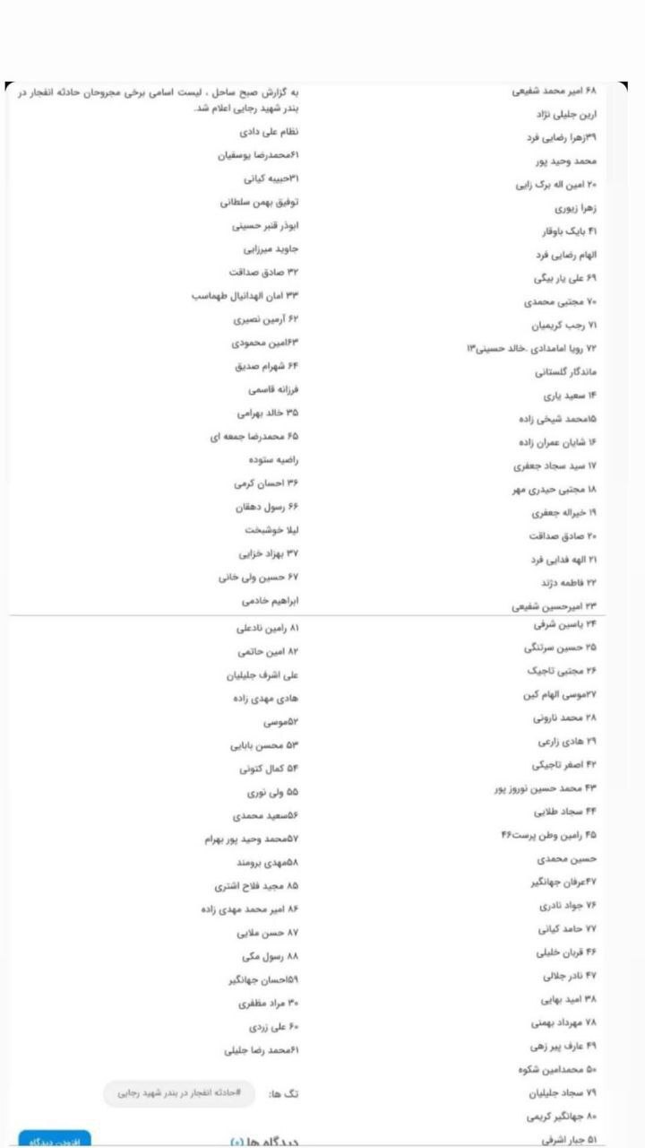 عکس/ اسامی مصدومان حادثه انفجار بندر شهید رجایی