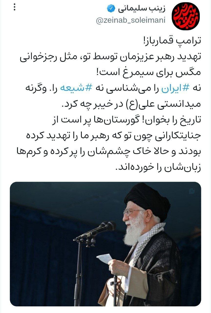 عکس/واکنش زینب سلیمانی به تهدید رهبر انقلاب توسط ترامپ