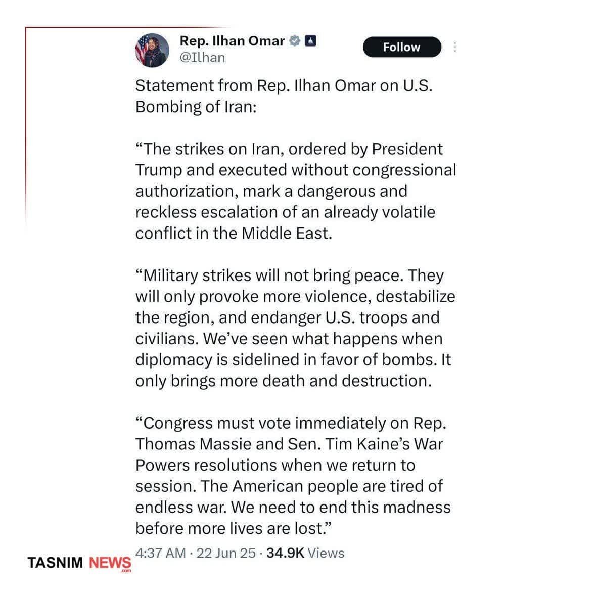 واکنش نماینده کنگره به حمله آمریکا به خاک ایران