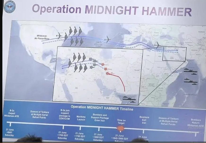 مسیر بمب‌افکن‌های B-۲ در زمان حمله به ایران