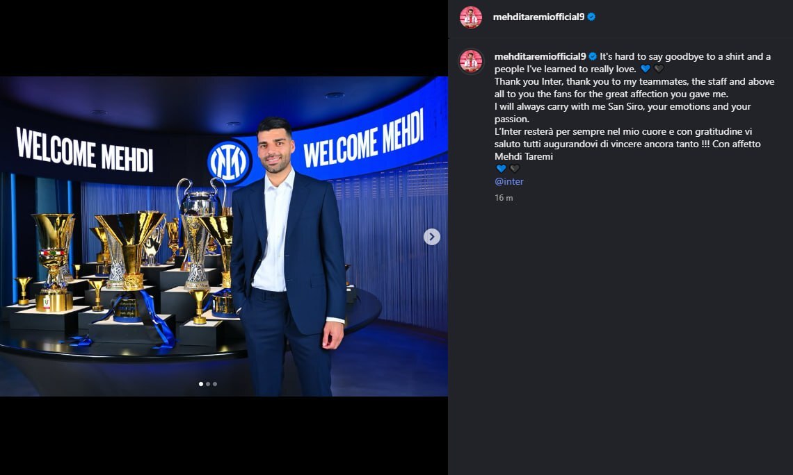 خداحافظی مهدی طارمی با هواداران اینتر