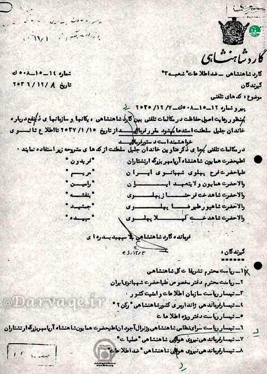 عکس/ اسامی مستعار خاندان پهلوی به روایت اسناد ساواک