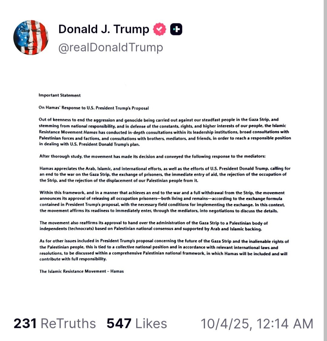 عکس/ اولین واکنش ترامپ به پاسخ حماس