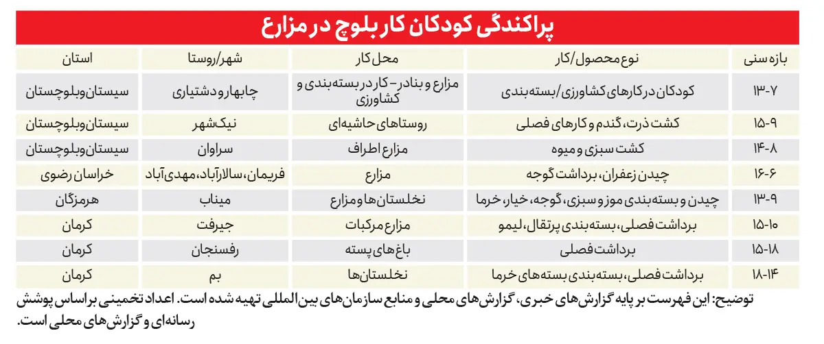 جدول پراکندگی کودکان کار بلوچ