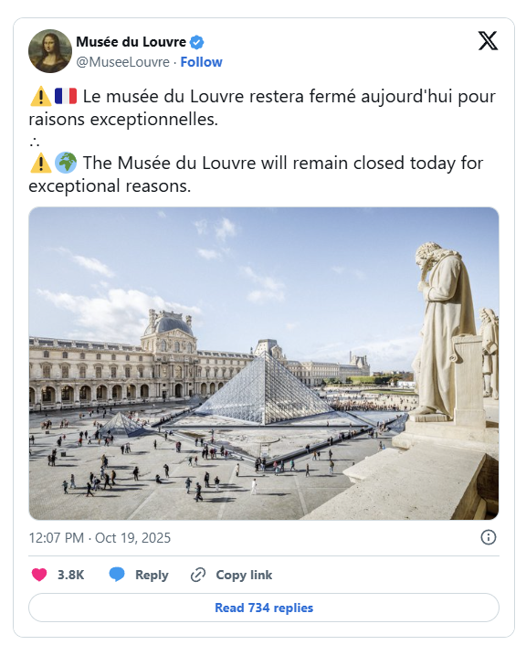 بیانیه موزه لوور در مورد تعطیلی این موزه پس از دزدی