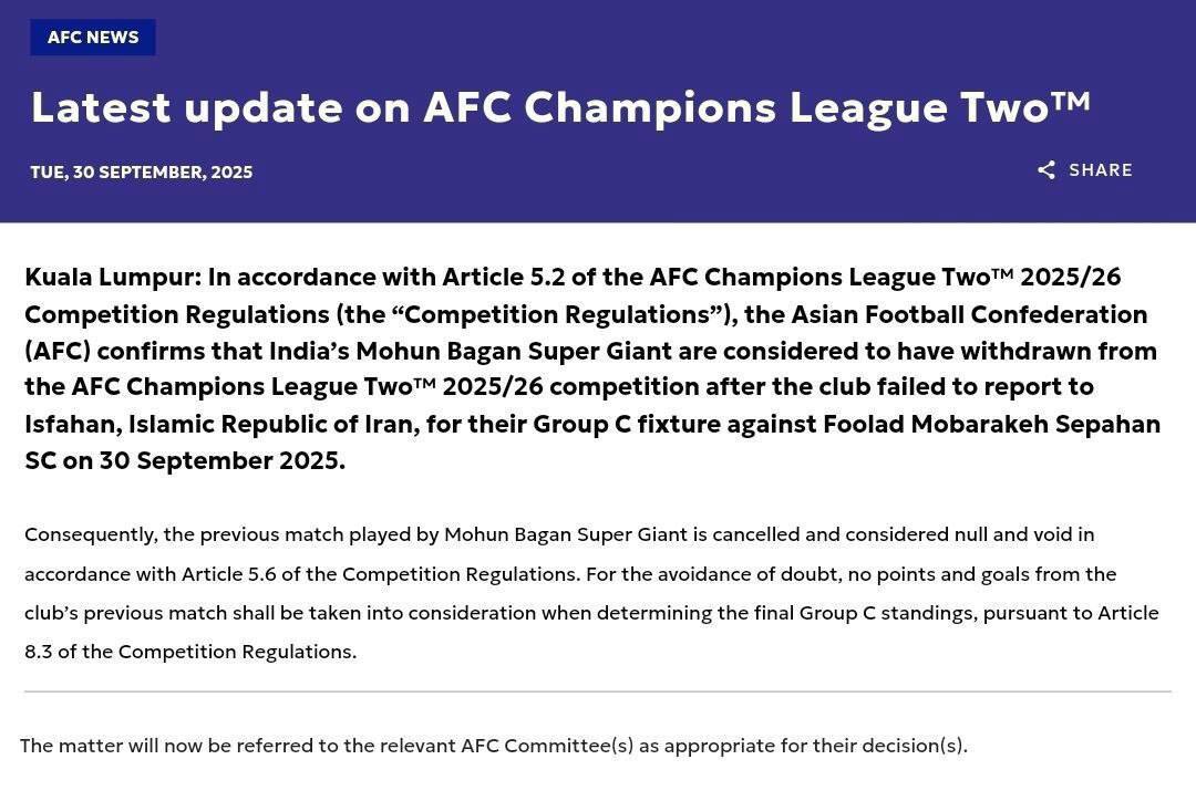 بازی سپاهان مقابل موهان باگان رسما لغو شد