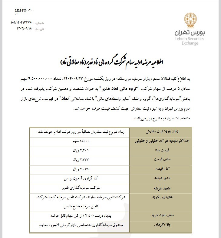 تامین سرمایه کیمیا متعهد خرید سهام گروه مالی نماد غدیر شد تامین سرمایه کیمیا متعهد خرید سهام گروه مالی نماد غدیر شد