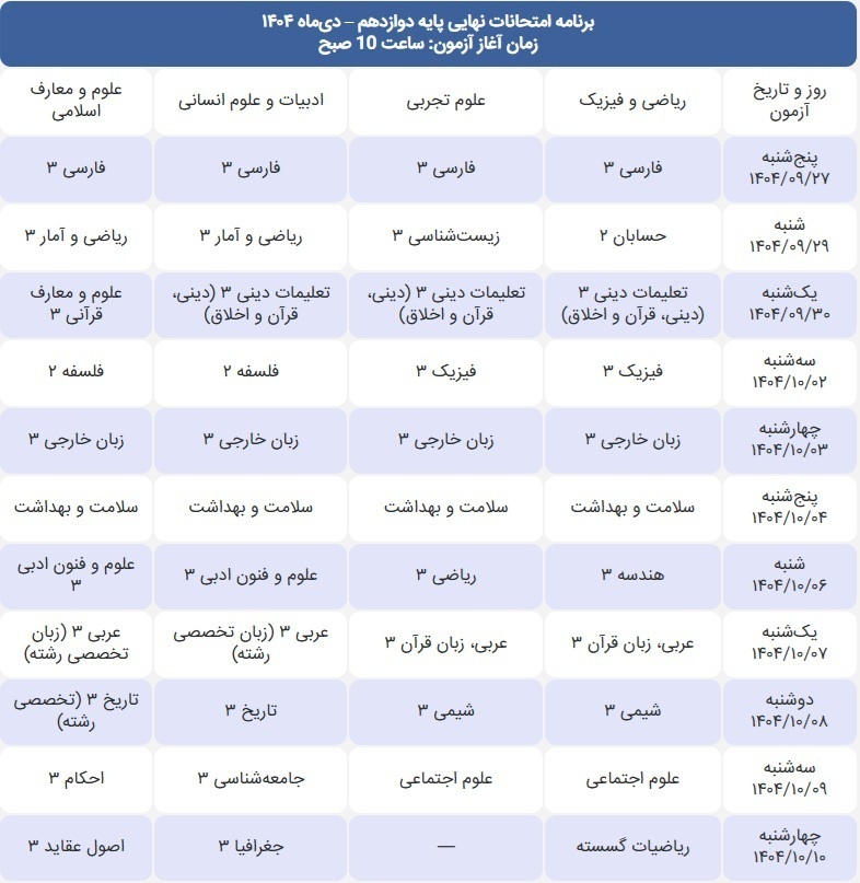 جدول امتحانات نهایی دوازدهمی‌ها