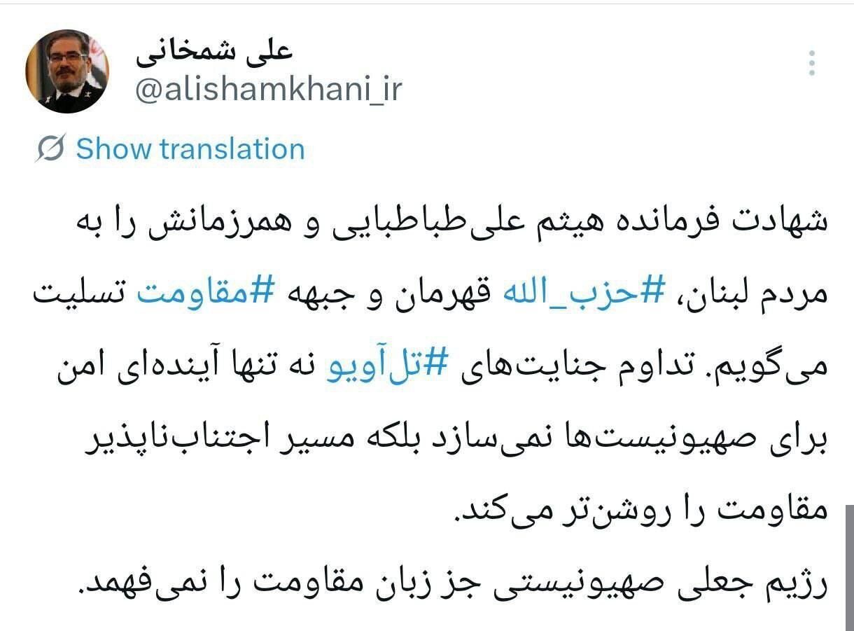 واکنش رسمی علی شمخانی به هدف قرار گرفتن فرمانده حزب‌الله