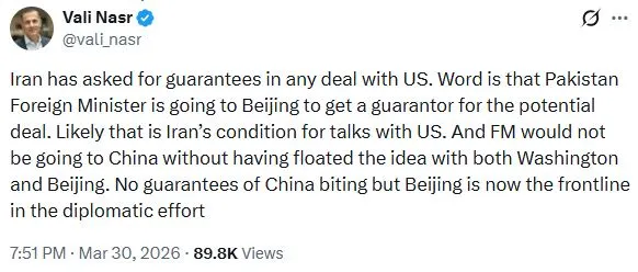 ادعای ولی نصر درباره شرط ایران برای توافق؛ تلاش پاکستان برای جذب ضمانت چین