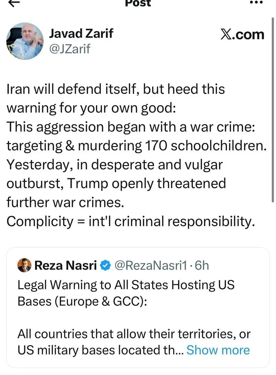 ظریف: ترامپ آشکارا تهدید به ارتکاب جنایات جنگی بیشتر می‌کند