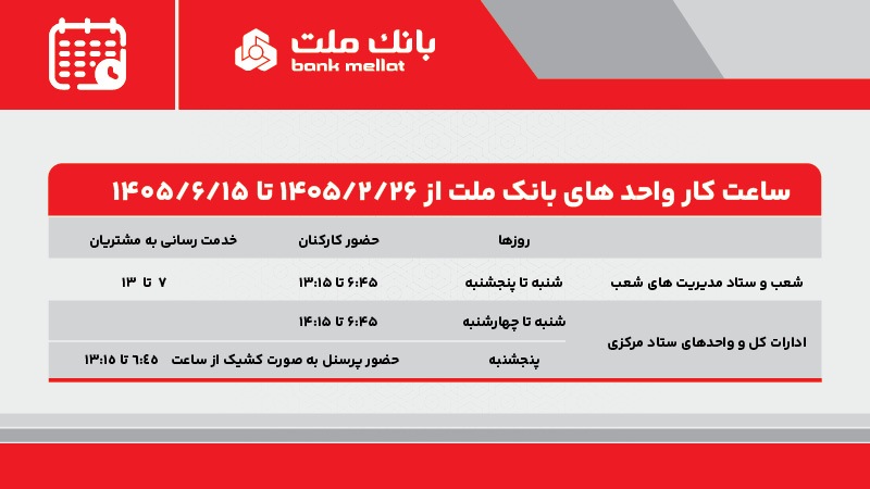 تغییر ساعت کار واحد‌های بانک ملت از ۲۶ اردیبهشت