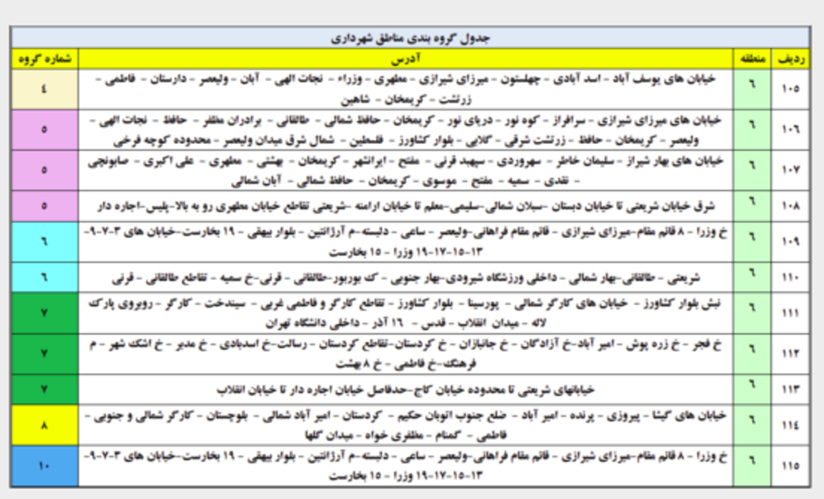 جدول قطعی امروز برق تهران