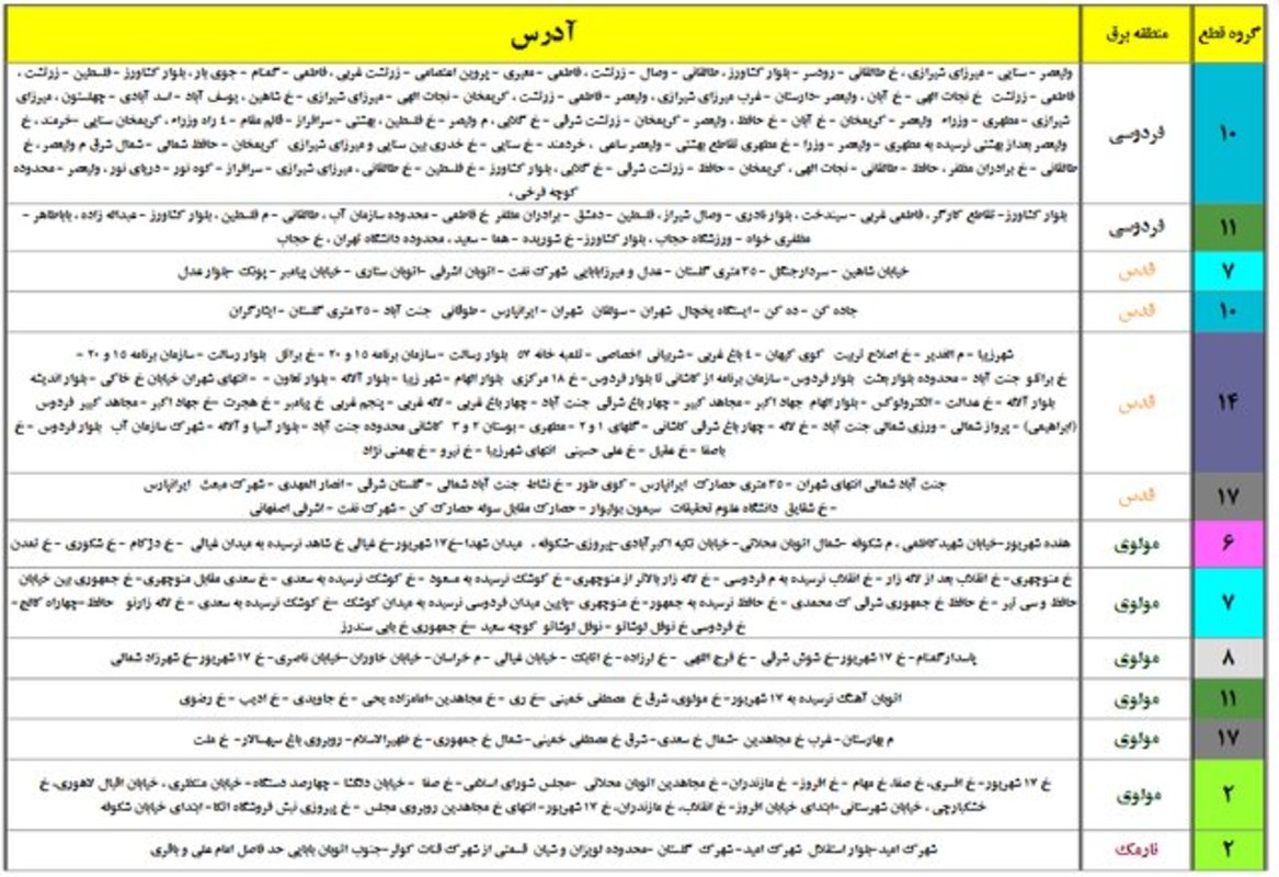 جدول قطعی برق امروز تهران