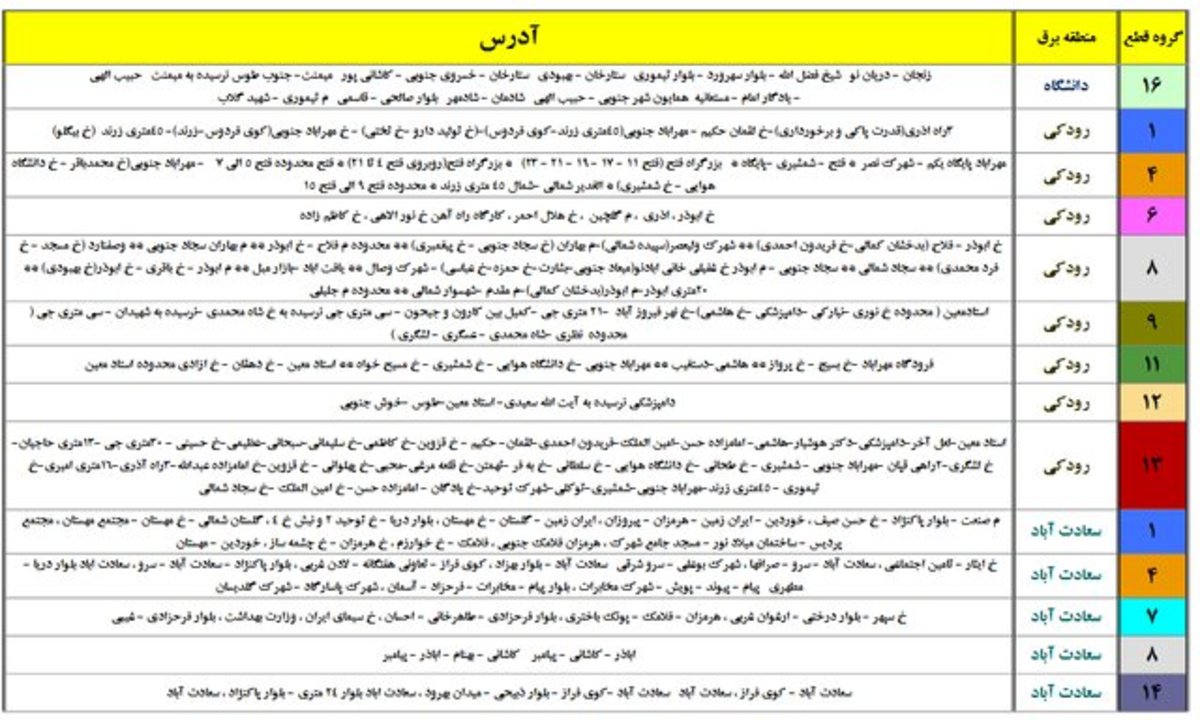 جدول قطعی برق امروز تهران