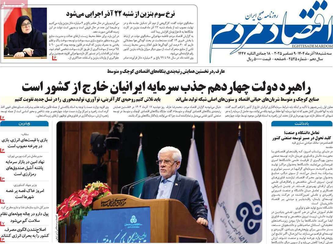 صفحه اول روزنامه‌های اقتصادی امرروز 18آذر