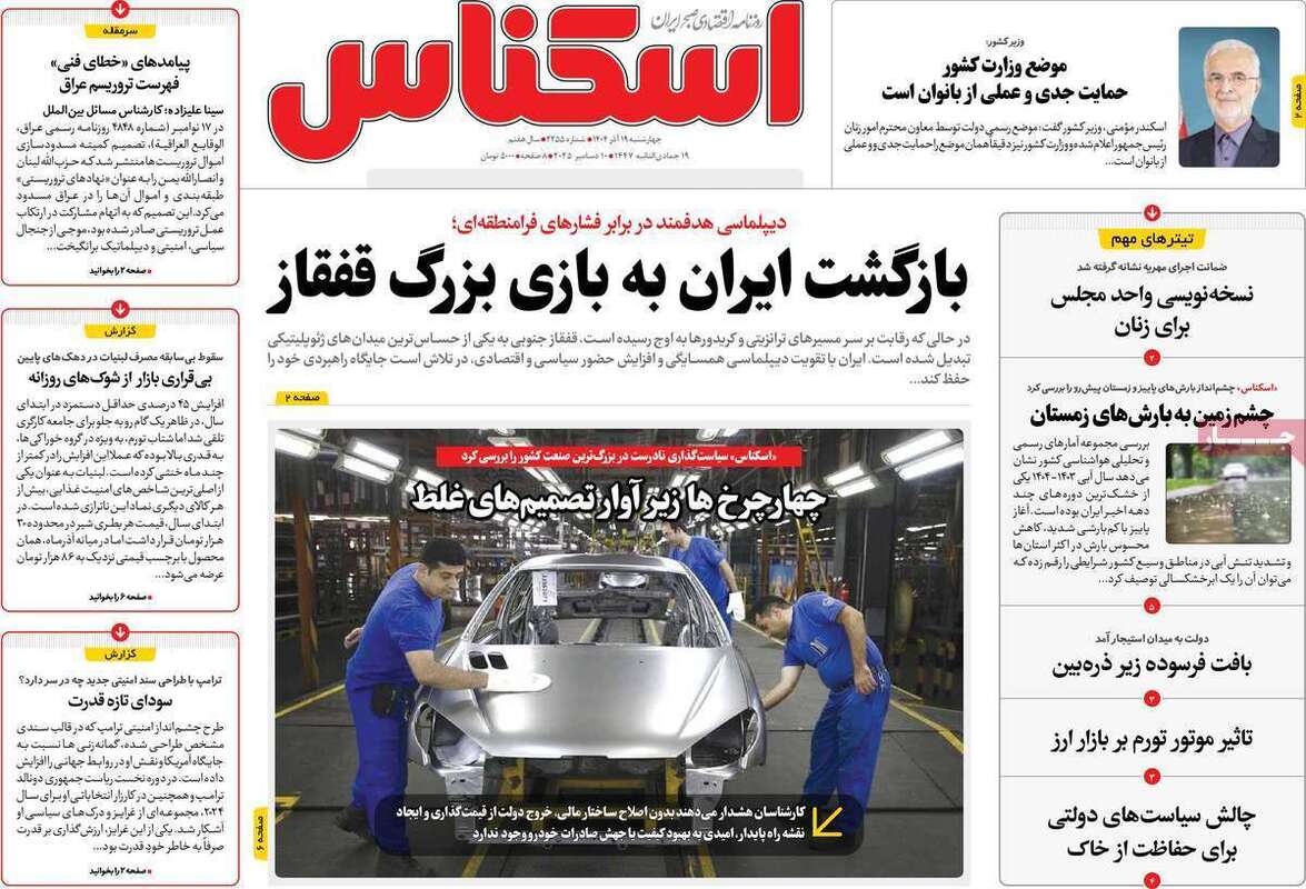 صفحه اول روزنامه‌های اقتصادی امرروز 19آذر