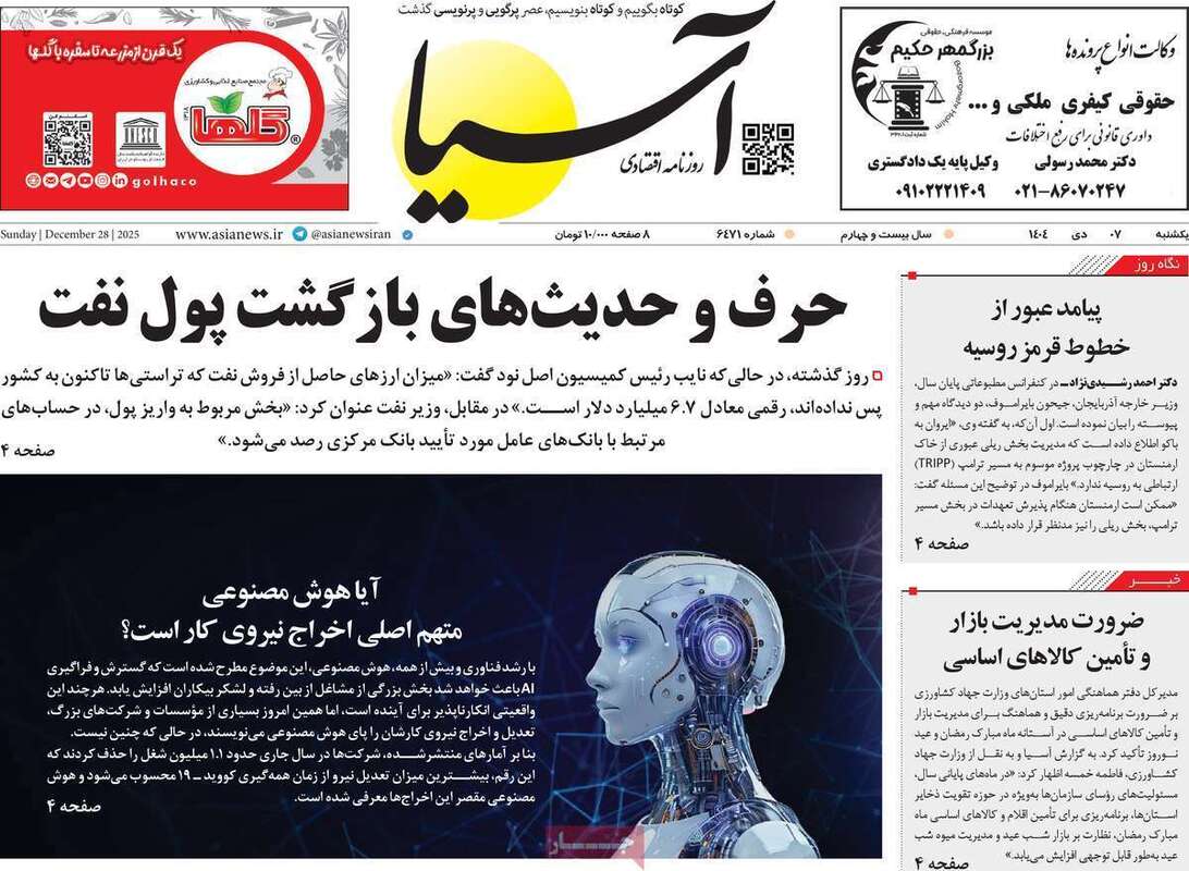 صفحه اول روزنامه‌های اقتصادی امروز  7 دی