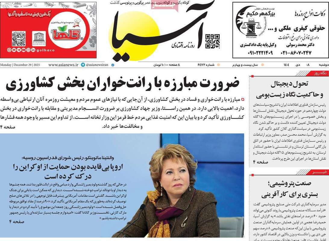 صفحه اول روزنامه‌های اقتصادی امروز  8 دی