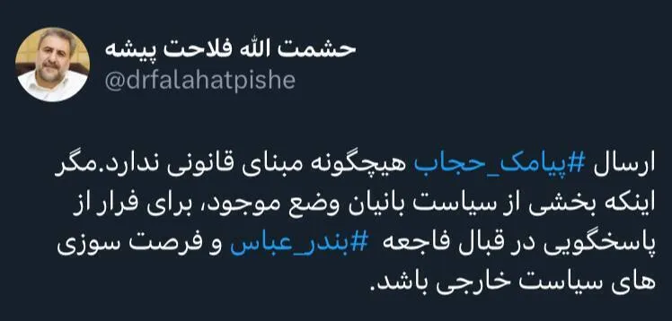 فلاحت‌پیشه: ارسال پیامک حجاب هیچگونه مبنای قانونی ندارد