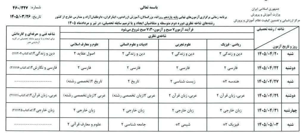 برنامه امتحانات نهایی دانش‌آموزان