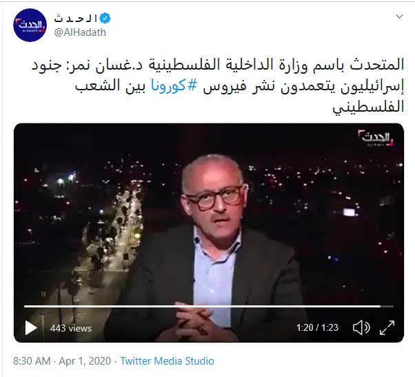 مقام فلسطینی: صهیونیست‌ها عمدا ویروس کرونا را در میان فلسطینی‌ها انتشار می‌دهند