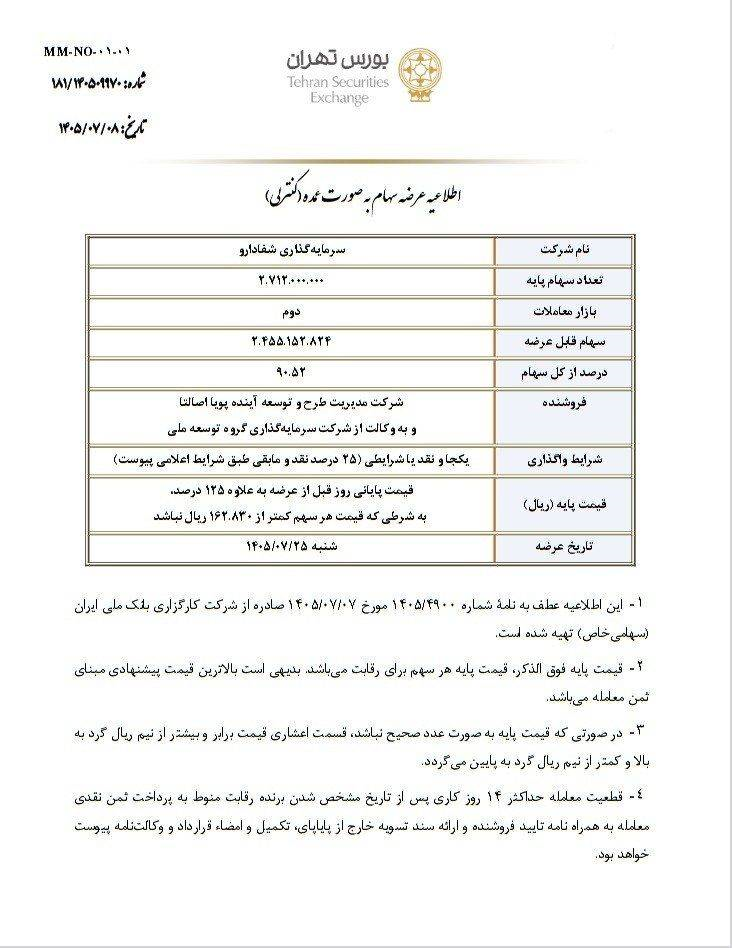 گام بزرگ بانک ملی برای خروج از بنگاهداری؛ «شفادارو» ۲۵ مهرماه در بورس عرضه میشود گام بزرگ بانک ملی برای خروج از بنگاهداری؛ «شفادارو» ۲۵ مهرماه در بورس عرضه میشود