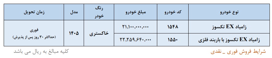 جدول فروش زامیاد EX