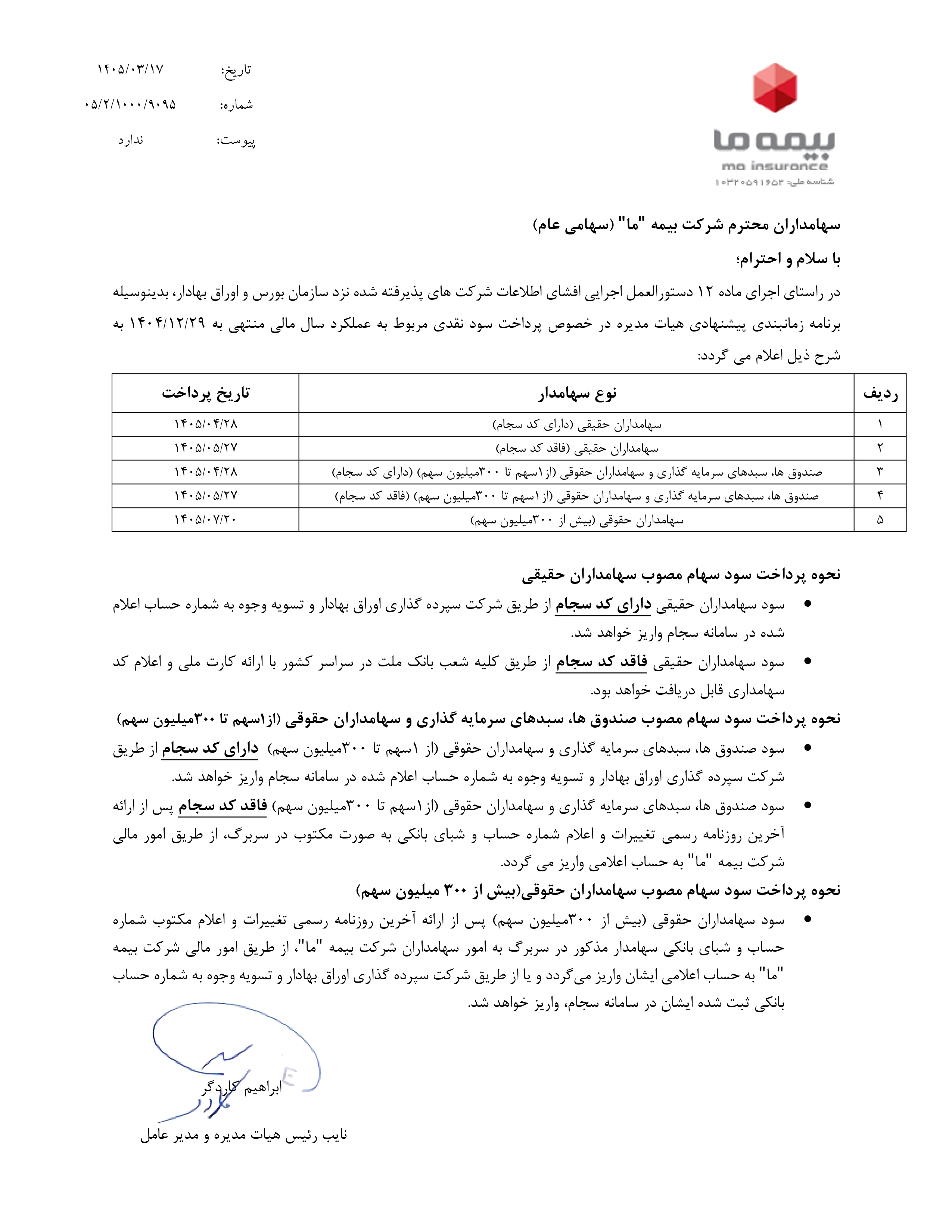سود سهامداران برای عملکرد سال مالی منتهی به ۲۹ اسفند ۱۴۰۴، طبق برنامه اعلامی شرکت از طریق سپرده گذاری واریز شد