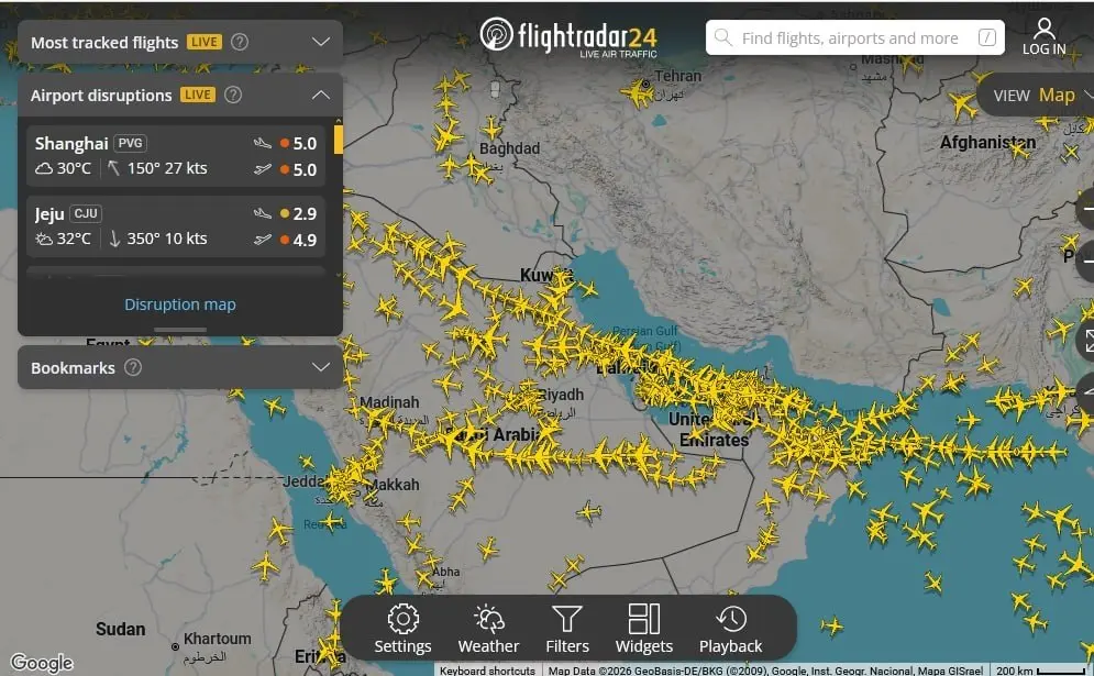 عکس/ آخرین وضعیت پرواز‌ها در آسمان ایران و منطقه